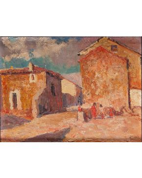 2143-RAFAEL FORNS ROMANS (Cuevas de Vinromá, 1868 - Madrid, 1939) Calles de pueblo"" Óleo sobre tabla. Medidas: 22,5 x 31 cm.""