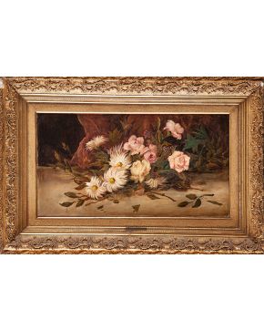 2152-ESCUELA ESPAÑOLA S. XX Flores"" Óleo sobre lienzo. Medidas: 38 x 75 cm.""