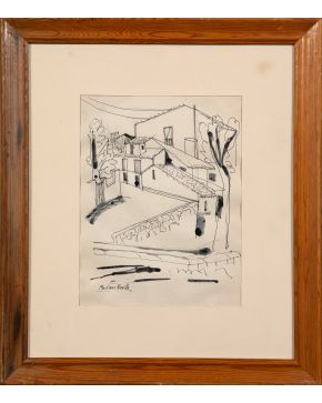 364-CIRILO MARTÍNEZ NOVILLO (Madrid 1921-2008) Paisaje de pueblo"" Tinta sobre papel Firmado  Medidas: 22 x 17 cm.""