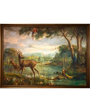 2189-ESCUELA ESPAÑOLA S. XX Paisaje con ciervos y faisanes"" Óleo sobre lienzo. Medidas: 150 x 220 cm.""