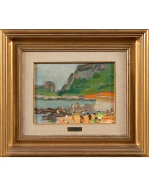 422-JUAN EUGENIO MINGORANCE NAVAS (Jaén, 1906-México, 1979) Paisaje de Castro Urdiales"" Óleo sobre lienzo. Medidas: 23 x 31 cm. Firmado en e