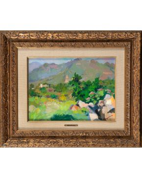 421-JUAN EUGENIO MINGORANCE NAVAS (Jaén, 1906-México, 1979) Paisaje con montañas"" Óleo sobre lienzo. Medidas: 29 x 39 cm. Firmado en el ángu