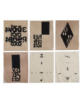 82-FERNANDO MILLÁN (Villarrodrigo 1944). Texto 1, 2, 3, 4, 5 y 6"". 1969. Importante conjunto de 6 poemas visuales sobre papel Negra Industri