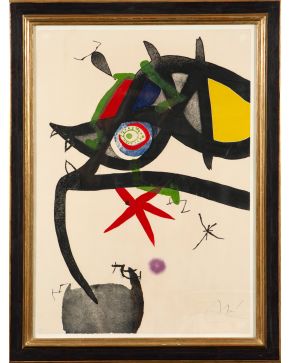 47-JOAN MIRÓ (Barcelona 1893 - Palma de Mallorca 1983)  “Quatre colors aparien el món...IV”. 1975  Aguafuerte, guatinta y gofrado sobre pape