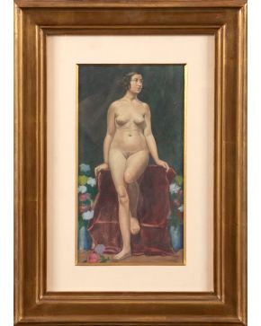 463- VICTORIANO GONZALEZ NORIEGA (Zamora, 1873- Madrid, 1979) Desnudo de mujer de pie"" Acuarela sobre papel. Medidas: 360 x 190 mm. ""