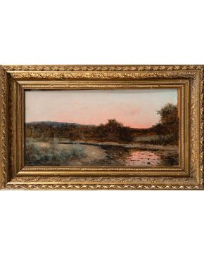 472-MANUEL RAMOS ARTAL (Madrid, 1855-c.1916) “Atardecer” Óleo sobre lienzo. Medidas: 19 x 39 cm. 