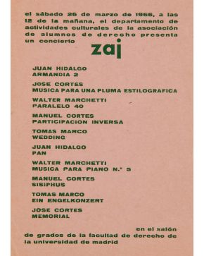 192-ZAJ (1964-1996). Concierto Zaj en la Facultad de Derecho, Madrid"". Madrid, 26 marzo 1966. Tarjeta de cartón. 16 x 11,5 cm.""