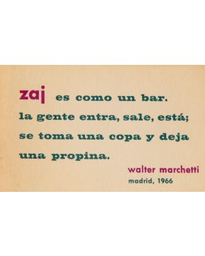 184-ZAJ (1964-1996). Zaj es como un bar"". Walter Marchetti, Madrid 1966. Tarjeta de cartón. 6 x 10 cm.""