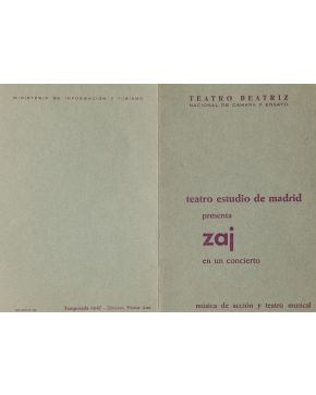 161-ZAJ (1964-1996). Teatro Estudio de Madrid presenta Zaj en un concierto"". 1967. Díptico impreso por ambas caras. 23 x 32 cm.""