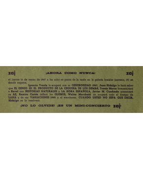 185-ZAJ (1964-1994). ¡Ahora como nunca! ¡No lo olvide! ¡es un mini-concierto zaj!"". 1967. Tarjeta plegada en tres. 8,5 x 25,5 cm.""