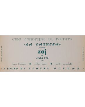 183-ZAJ (1964-1996). La Cazuela presenta zaj en Alcoy"". 2 marzo 1968. Tarjeta de cartulina impresa por ambas caras. 10,5 x 24,5 cm.""