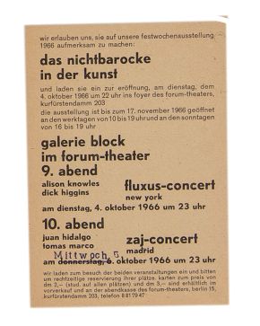 253-DAS NICHTBAROCKE IN DER KUNST  Concierto Fluxus y Zaj. 3 documentos. Galerie René Block - Forum-Theater,  Berlín, octubre-noviembre, 196