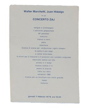 179-WALTER MARCHETTI, JUAN HIDALGO IN CONCERTO ZAJ Galeria Multipla, Milán, 7 febrero 1974. 10,5 x 15 cm. 