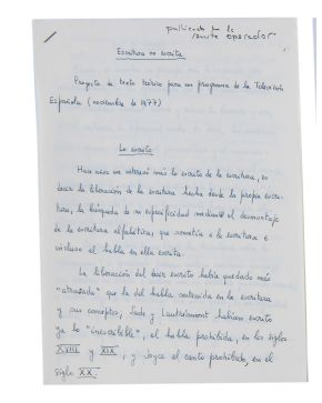 276-JOSE LUIS CASTILLEJO ESCRITURA NO ESCRITA Manuscrito, noviembre 1977, 12 pág. 21 x 29.7 cm. Artículo publicado en Operador. Revista de l