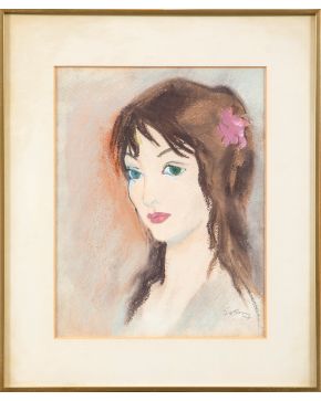 13-RICARDO SERNY"" (Puerto de Santa María, Cádiz 1908-Madrid 1995)  ""Retrato de joven con flor en el pelo"" Gouache, pastel y tinta sobre pape