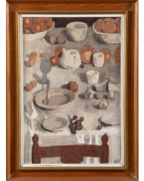 451-JOSEP ROCA-SASTRE (Tarrasa, 1928-Barcelona, 1997) Bodegón sobre una mesa"" Óleo sobre lienzo. Medidas: 72 x 98 cm Firmado en el ángulo in