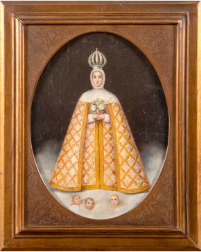 2203-ESCUELA ESPAÑOLA, ff. S. XIX-pp. S. XX.,  Virgen del Henar"" Óleo sobre lienzo. Medidas: 46 x 34 cm. ""