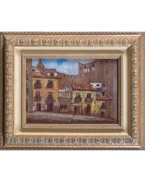 2119-ESCUELA ESPAÑOLA., S. XX “Ciudad castellana” Óleo sobre tabla Medidas: 22 x 28 cm. 