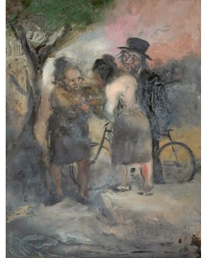 401-JUAN BARBA (Madrid, 1915-San Martín de la Vega, 1982) Hablando en el camino"" Óleo obre tabla. Pintado también en el verso. Medidas: 55 x