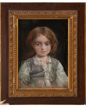 477-MAXIMINO PEÑA MUÑOZ (Valduero, Soria, 1863-Madrid, 1940) Retrato de niña"" Pastel sobre cartón. Medidas: 30 x 34 cm.""