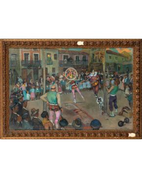 10-EXORISTO SALMERÓN GARCÍA (París 1877-Madrid1925)  El circo"" Óleo sobre lienzo adherido a tablex Firmado Medidas: 47 x 67,5 cm. ""