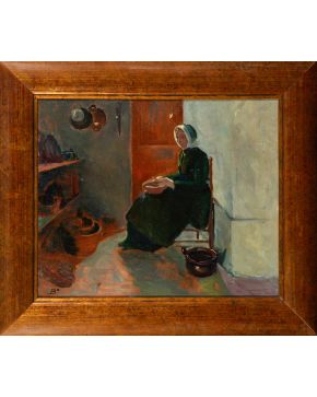 11-JOSÉ BARDASANO (Madrid 1910-1979) Mujer en interior"" Óleo sobre lienzo Firmado con inicial ""B""  Medidas: 50 x 61,5 cm. ""