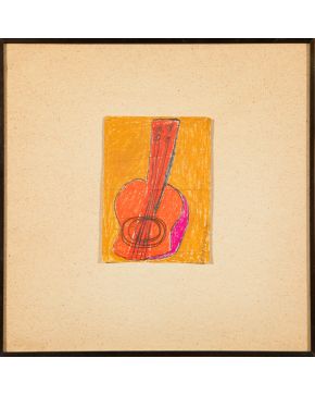 58-ANTÓN LAMAZARES (Lalín, Pontevedra 1954) Guitarra roja"".  Ceras de colores sobre papel Firmado Medidas: 21,5 x 15,5 cm.""