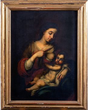 2509-ESCUELA SEVILLANA, S. XVII Virgen de la Leche Óleo sobre lienzo. Medidas: 100 x 72 cm.