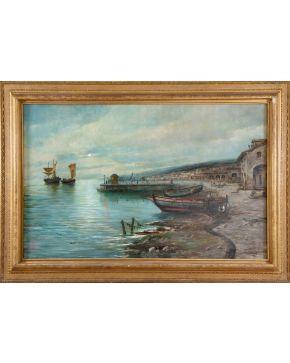 453-EMILIO ÁLVAREZ MOYA (Granada, 1899-1972) “Vista de un puerto” Óleo sobre lienzo Medidas: 125 x 195 cm. 