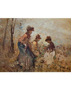 2050-ESCUELA ESPAÑOLA, S.XX Damas en el campo"" Óleo sobre lienzo firmado. Medidas: 30 x 40 cm.""