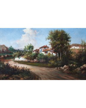 2044-ESCUELA ESPAÑOLA, S.XX Paisaje con casas y camino"".  Óleo sobre lienzo firmado Checa. Medidas: 60 x 100 cm