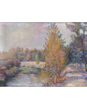 2040-ESCUELA ESPAÑOLA S. XX Paisaje con río"" Óleo sobre lienzo. Firmado y fechado: L .Herrera Medidas: 54 x 73,