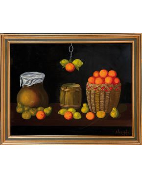 2057-EMILIANO ALVARADO LAGO (León, S. XX) Bodegón de frutas"". 1978 Óleo sobre tabla Firmado y fechado Medida