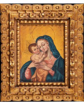 2071-SIGUIENDO MODELOS DE ESCUELA VIRREINAL, S.XX Virgen con niño"" Óleo sobre lienzo. Medidas: 18,5 x 24 cm.""