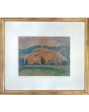 35-NICANOR PIÑOLE (Gijón 1878 - 1978) Paisaje con montaña""  Acuarela sobre papel  Firmado Medidas: 22,5 x 29