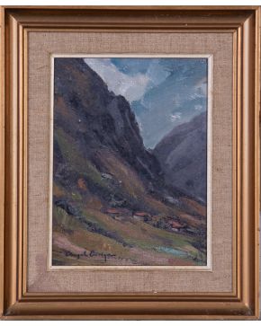 39-ÁNGEL ENRIQUE (Asturias) Paisaje asturiano""  Óleo sobre tabla  Firmado  Medidas: 22,5 x 16,5 cm.""