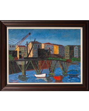 17-FRANCISCO SAN JOSÉ (Madrid 1919-1981) Puerto de Santander"". 1948 Óleo sobre lienzo Firmado y fechado  ""Santa