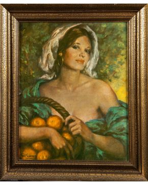 2386-ENRIQUE GIL GUERRA (Madrid, 1912-1996) Dama con cesta de frutas"" Óleo sobre lienzo. Medidas: 62 x 48 cm.""