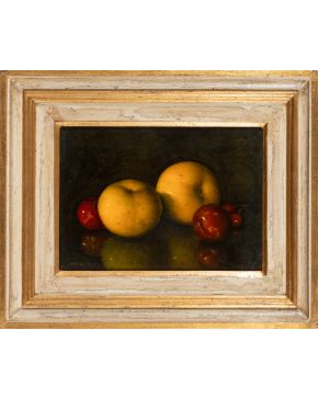 246-CARLOS LAHARRAGUE (Madrid 1936-2018) Bodegón con manzanas""  Óleo sobre lienzo adherido a tabla   Firmado  